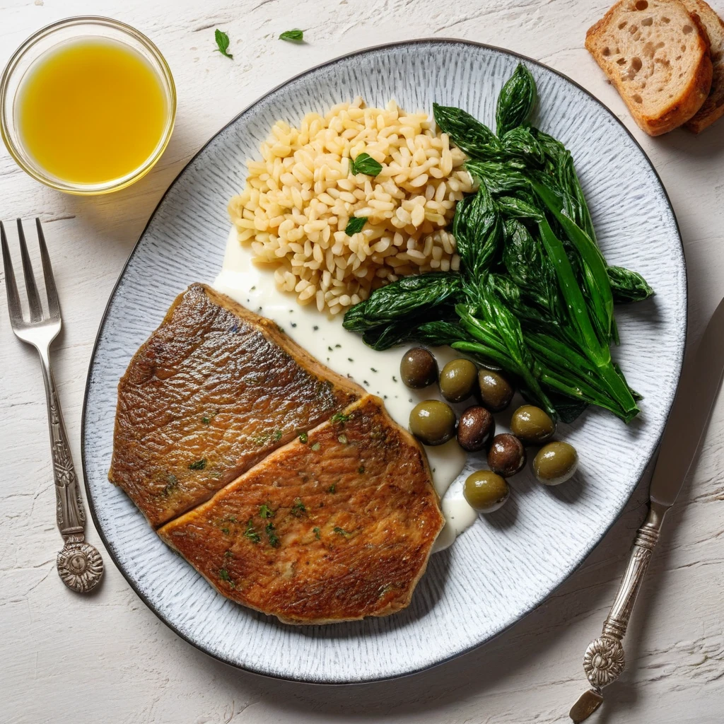 Merluza al Horno con Puré de Boniato y Espinacas Salteadas