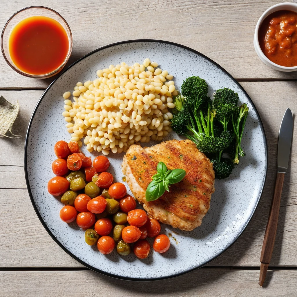 Escalope de poulet avec pâtes aux légumes et sauce tomate