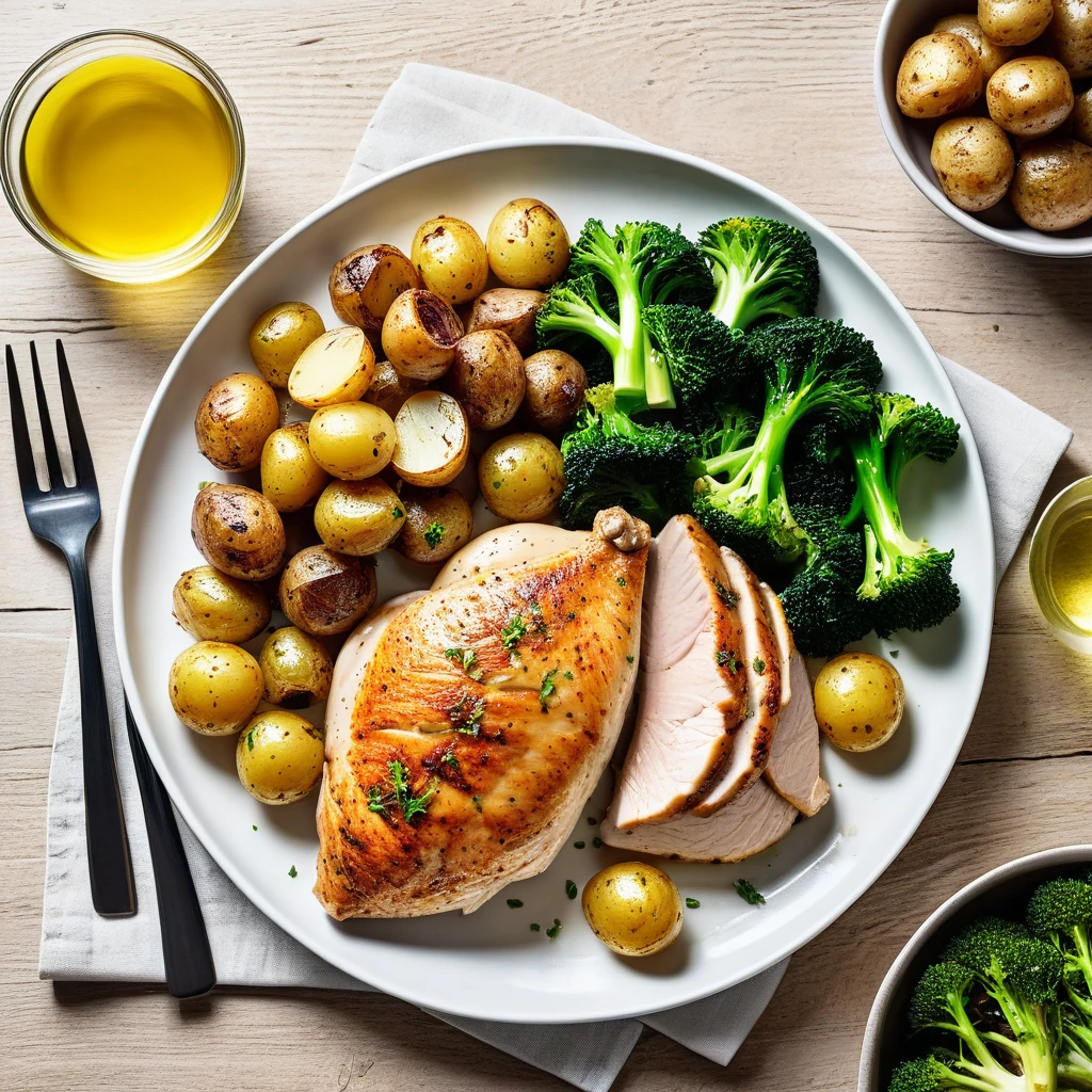 Herb-Roasted Chicken Breast with Garlic Roasted Potatoes and Steamed Broccoli