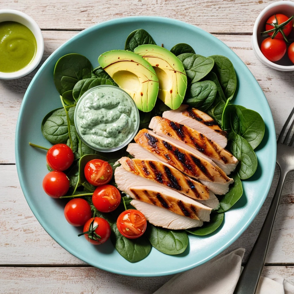 Grilled Chicken and Spinach Salad with Avocado Dressing