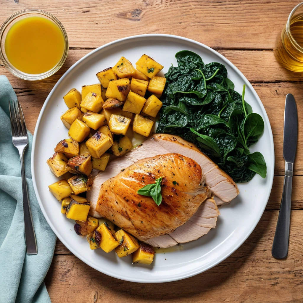 Roasted Turkey Breast with Plantain and Wilted Spinach