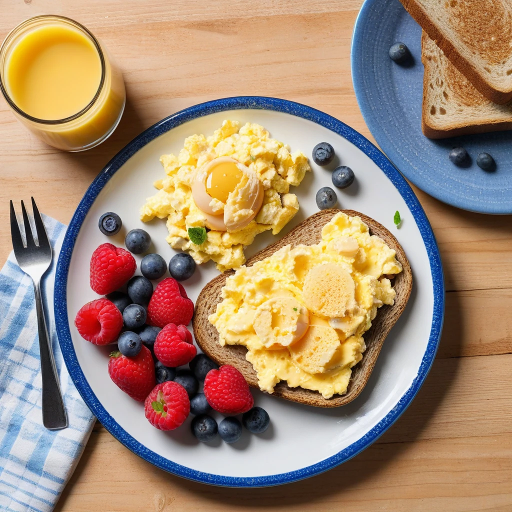 Fluffy Scrambled Eggs with Toast and Fruit