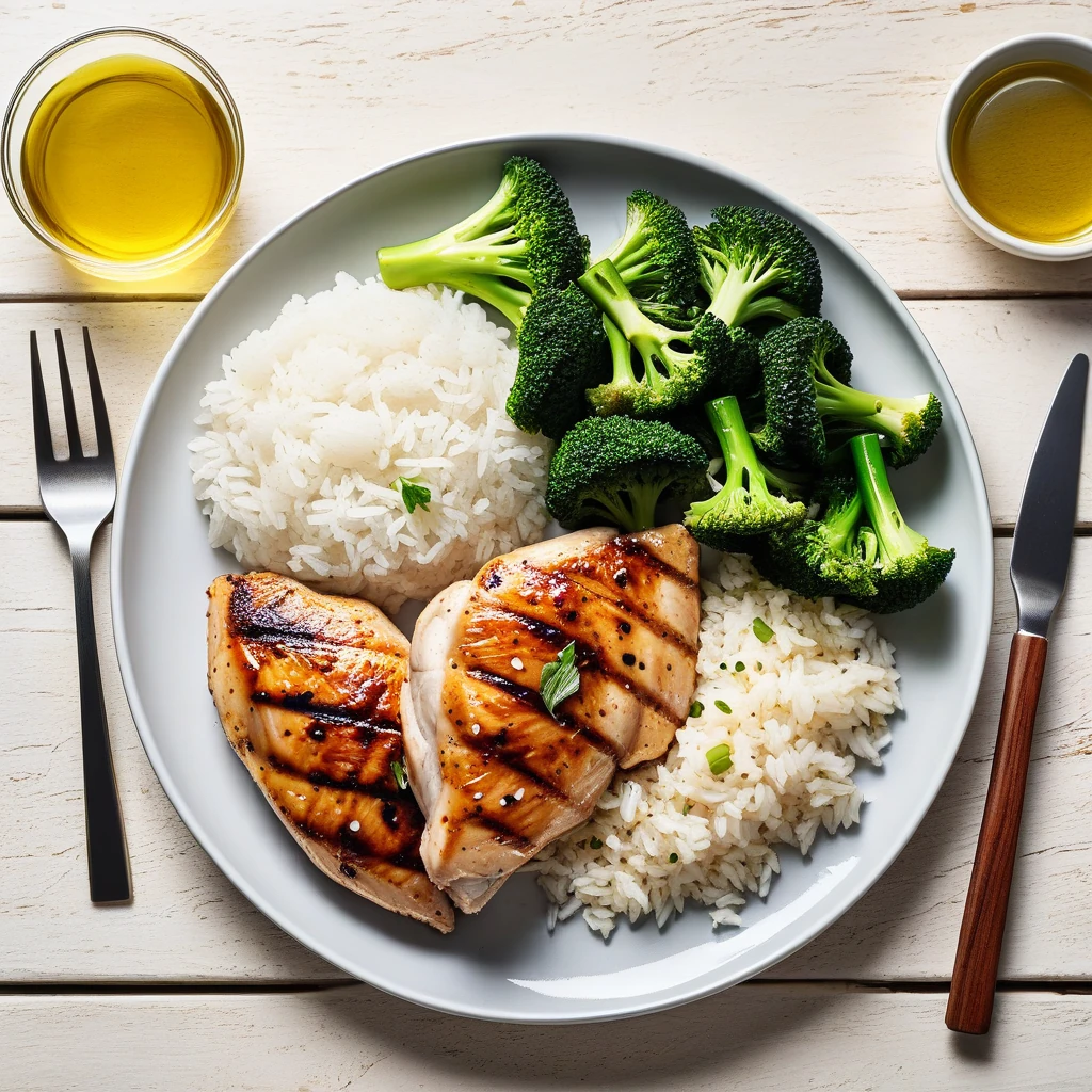 Grilled Chicken Breast with White Rice and Steamed Broccoli