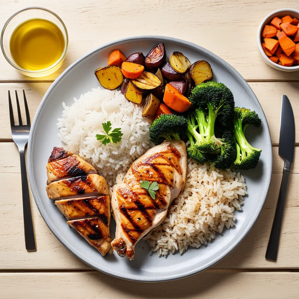 Grilled Chicken with White Rice and Roasted Vegetables