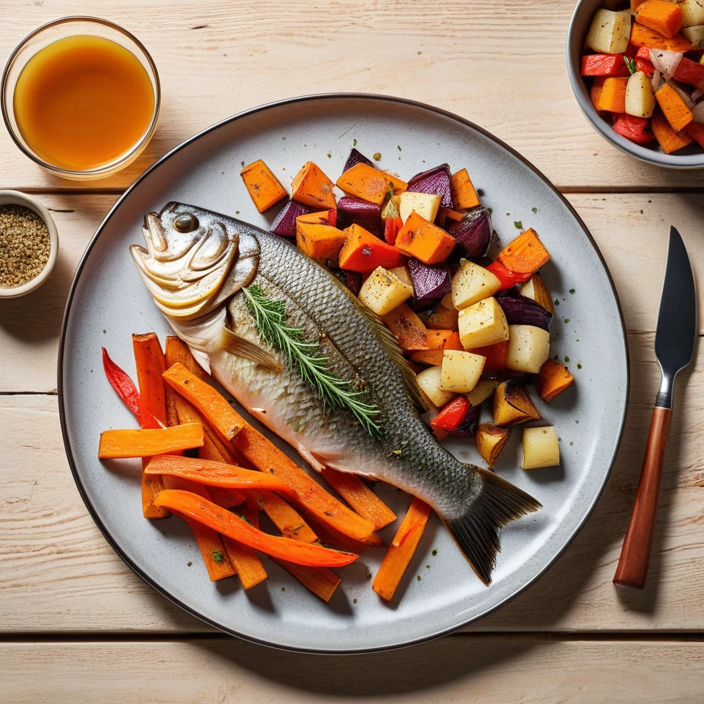baked sea bass with roasted root vegetables