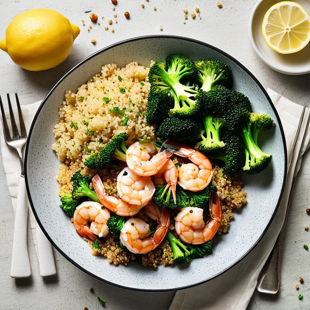 Lemon Garlic Butter Shrimp with Quinoa and Steamed Broccoli