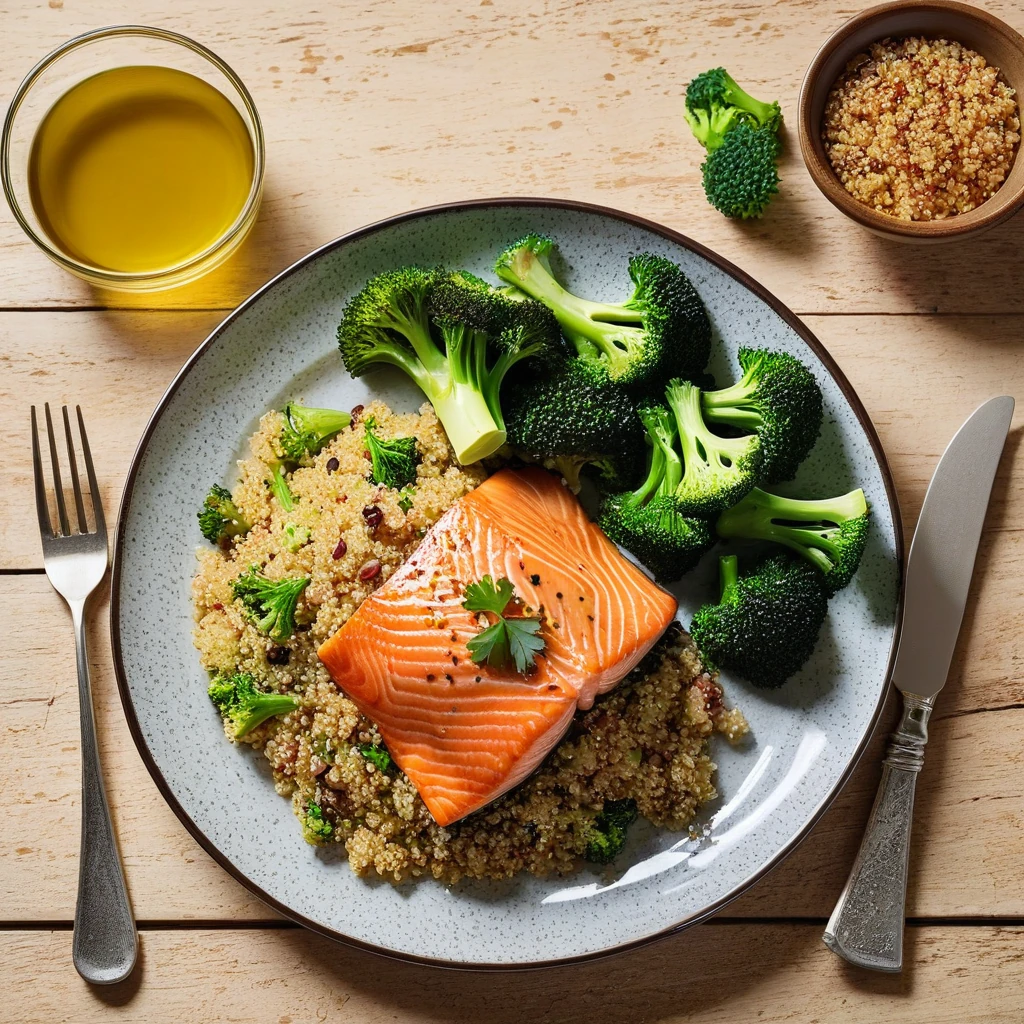Baked Salmon with Quinoa and Steamed Broccoli