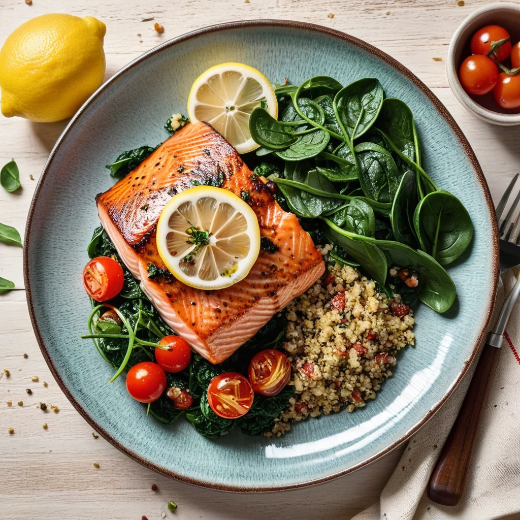 Herbed Lemon Grilled Salmon with Quinoa and Spinach Salad