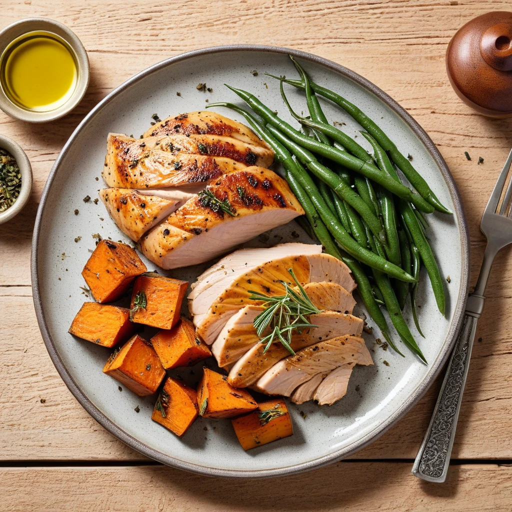 Herb-Roasted Chicken Breast with Sweet Potato and Green Beans
