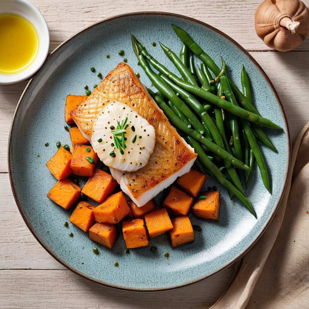 Pan-Seared Cod with Sweet Potato and Green Beans