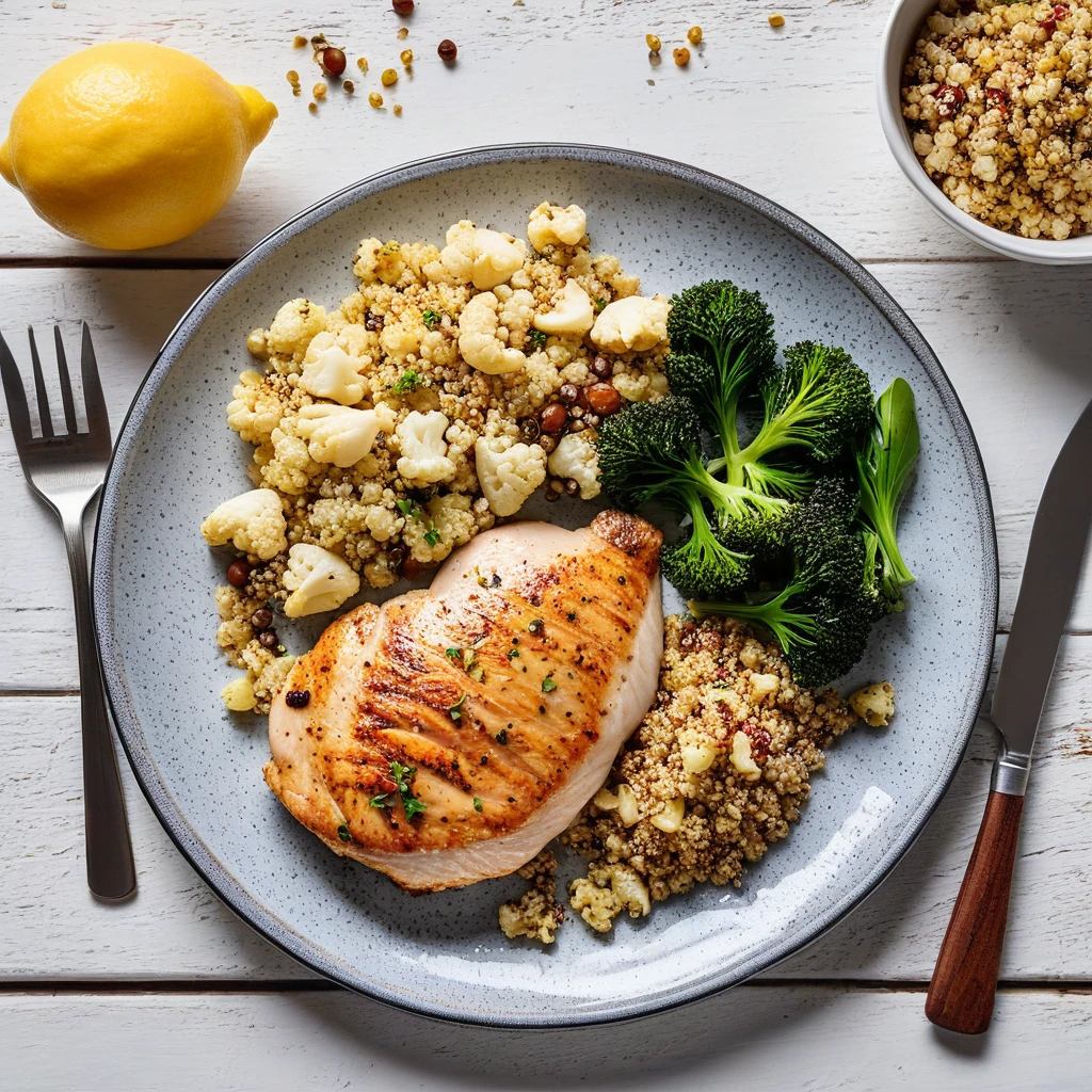 Baked Chicken Breast with Roasted Cauliflower and Quinoa