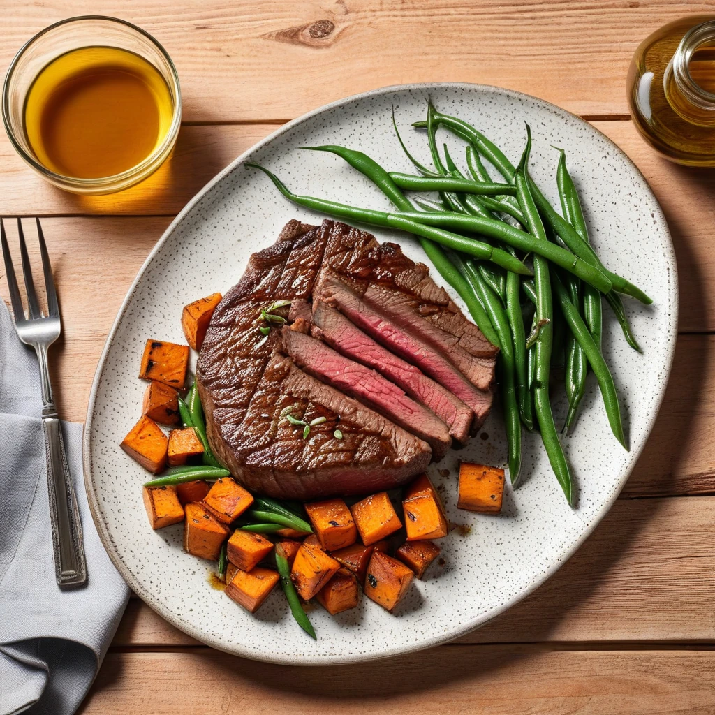 Grilled Lean Beef Steak with Sweet Potato and Green Beans