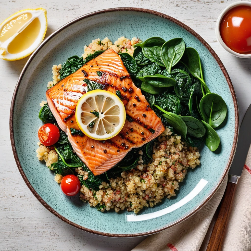 Grilled Lemon Herb Salmon with Quinoa and Spinach