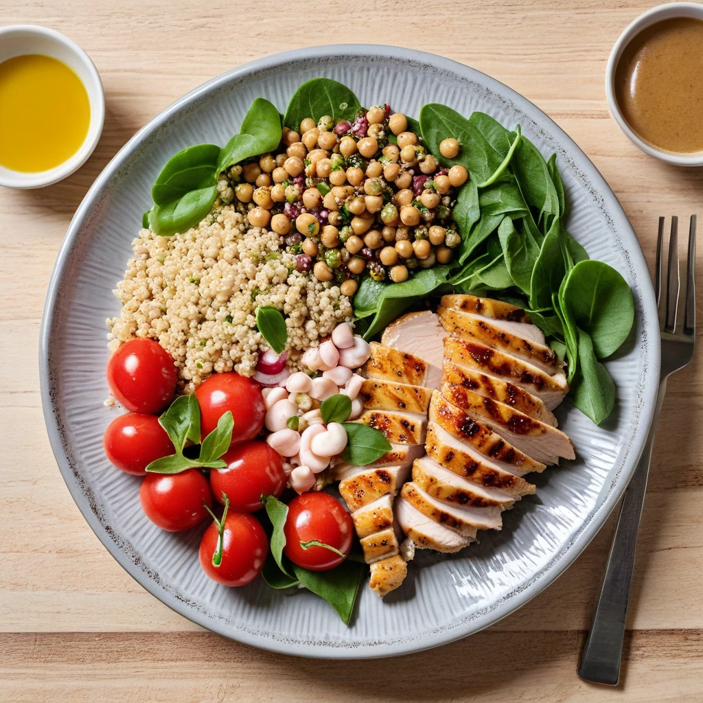 Salade de poulet grillé aux pois chiches et vinaigrette tahini