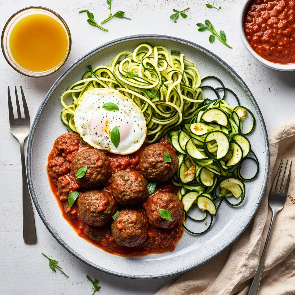 Baked Lean Beef Meatballs with Zucchini Noodles and Marinara