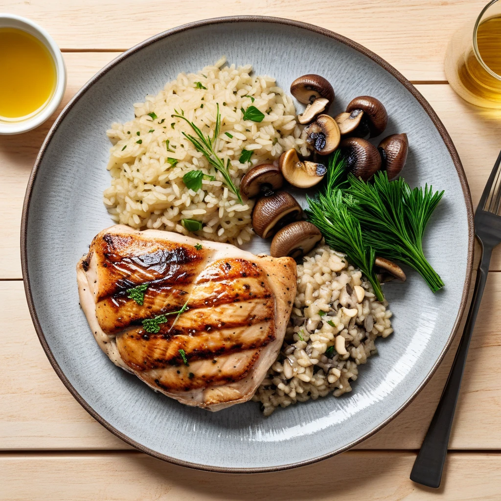 Grilled Chicken Breast with Herb Risotto and Sautéed Mushrooms
