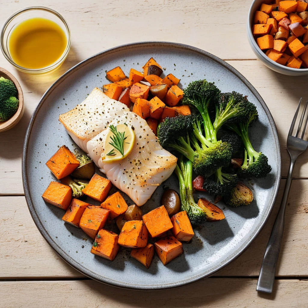 Baked Cod with Sweet Potato and Roasted Vegetables