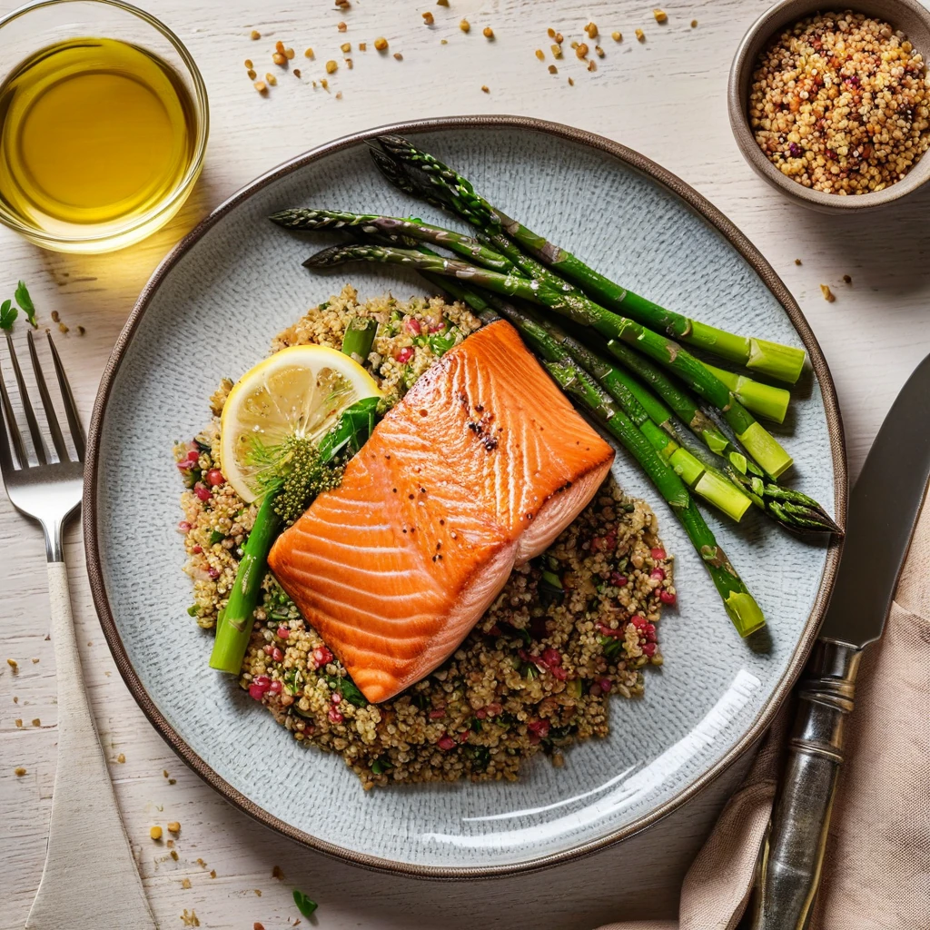 Pan-Seared Salmon with Roasted Asparagus and Quinoa