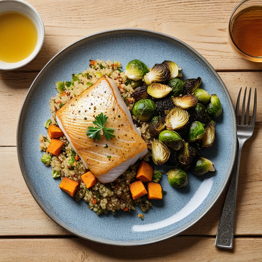 Seared Cod with Quinoa Pilaf and Roasted Brussels Sprouts