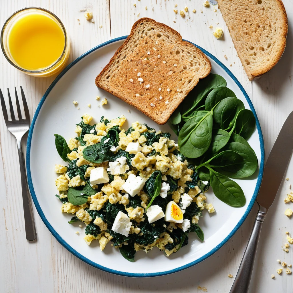 Spinach and Feta Egg Scramble with Whole Grain Toast