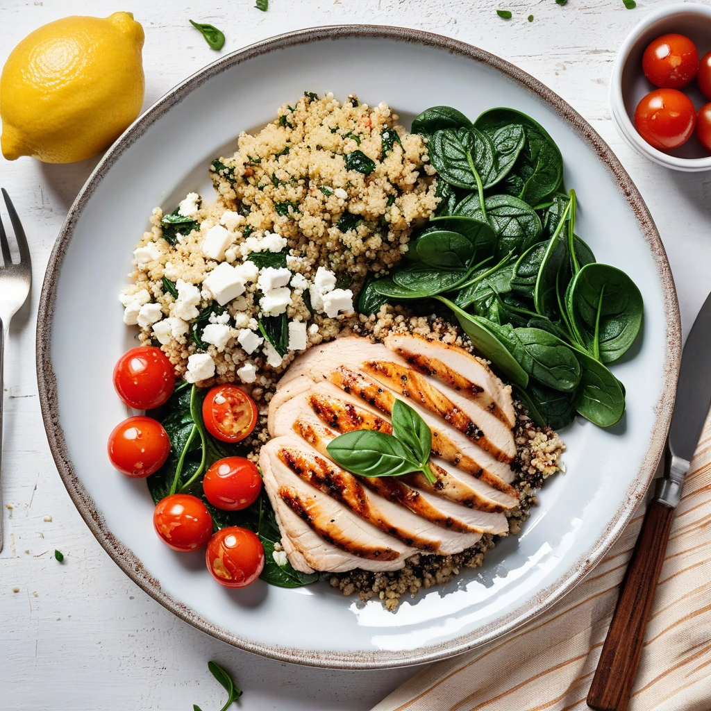 Grilled Lemon Herb Chicken with Quinoa and Spinach