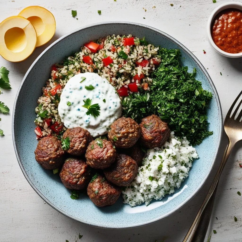 Grilled Lamb Kofta Bowl with Tabbouleh and Tzatziki
