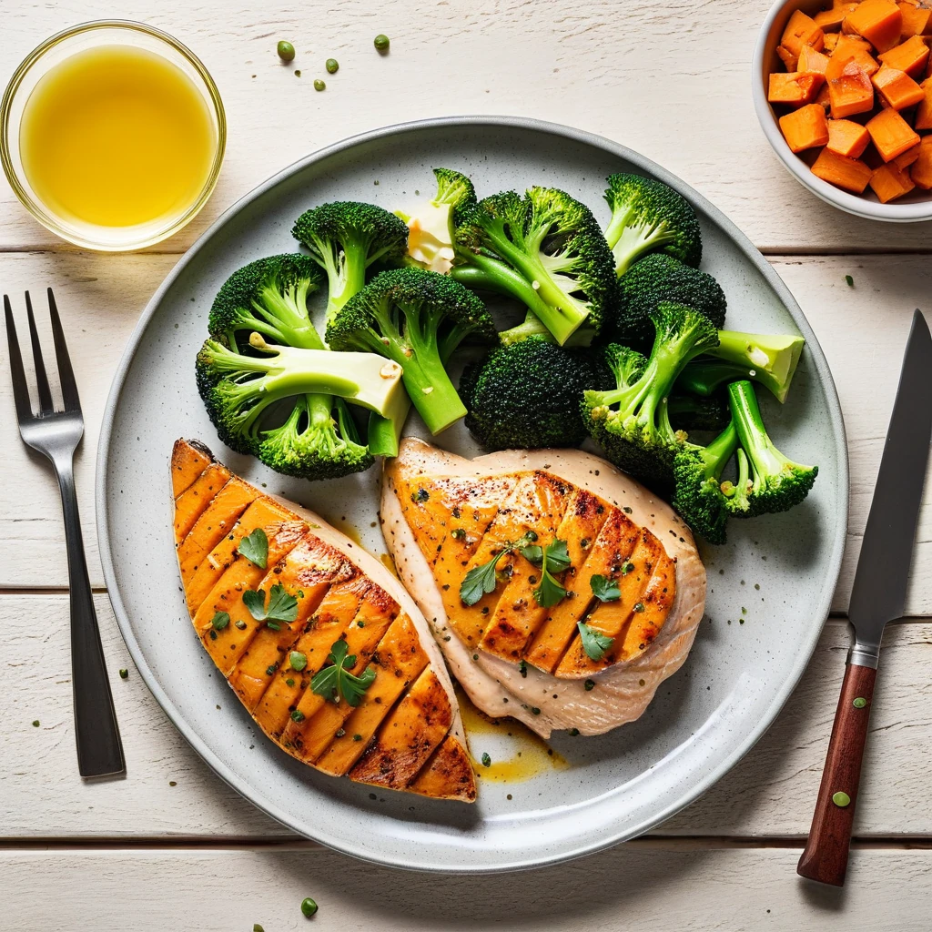 Baked Chicken Breast with Sweet Potato and Steamed Broccoli