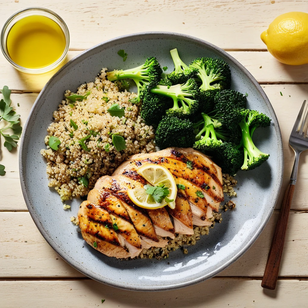 Grilled Lemon Herb Chicken with Quinoa and Steamed Broccoli