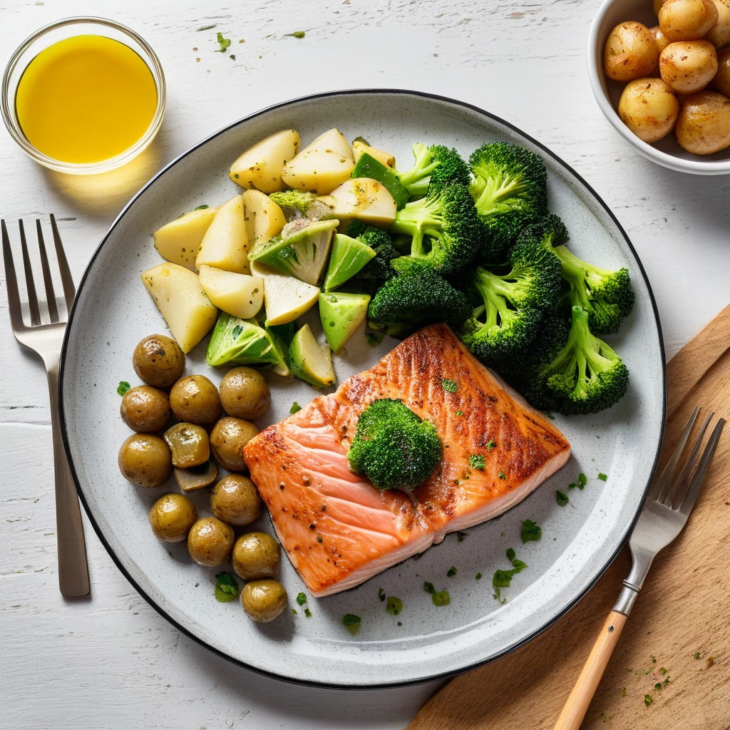 Filete de Salmón con Papas Asadas y Brócoli