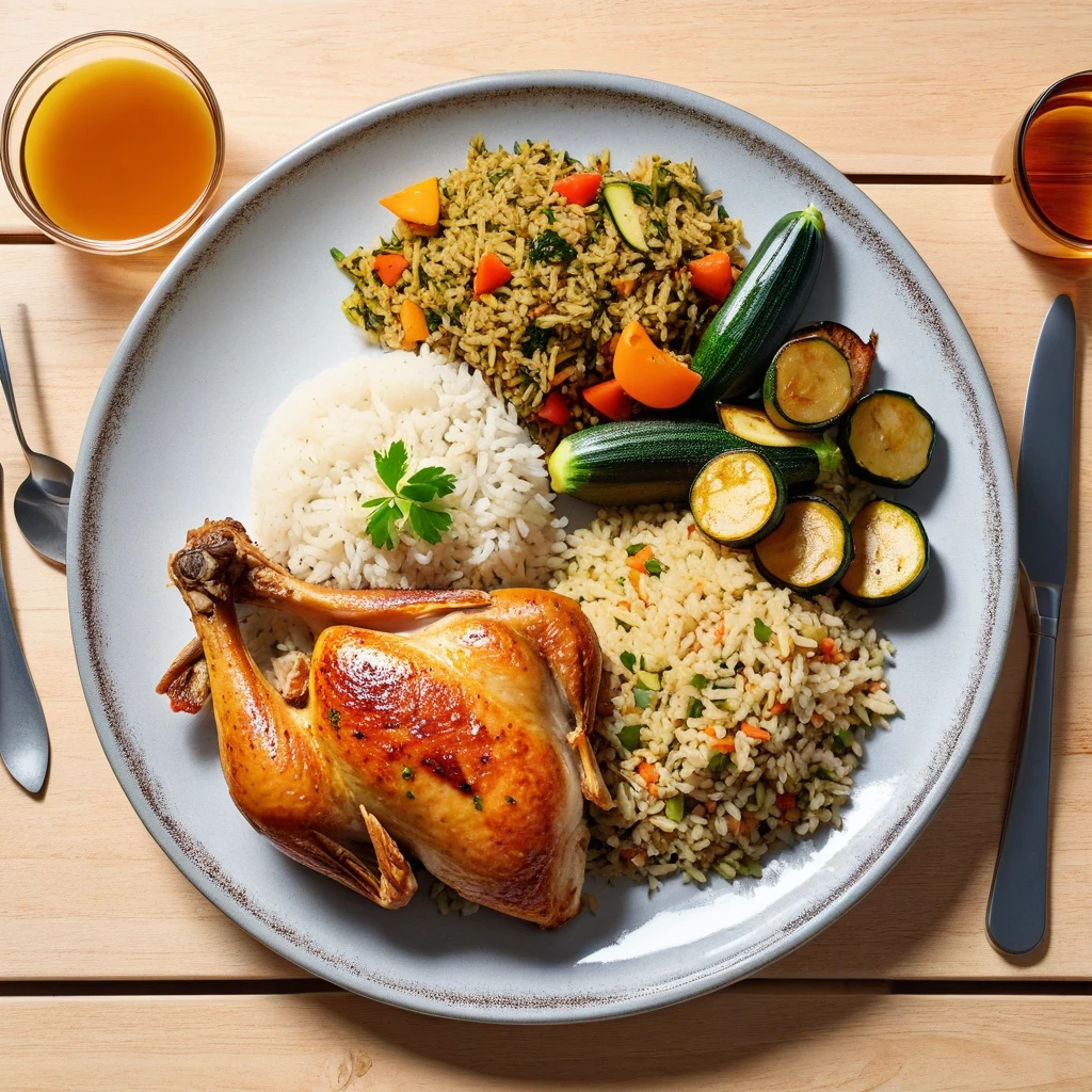 Poulet Rôti avec Riz Pilaf et Légumes Grillés