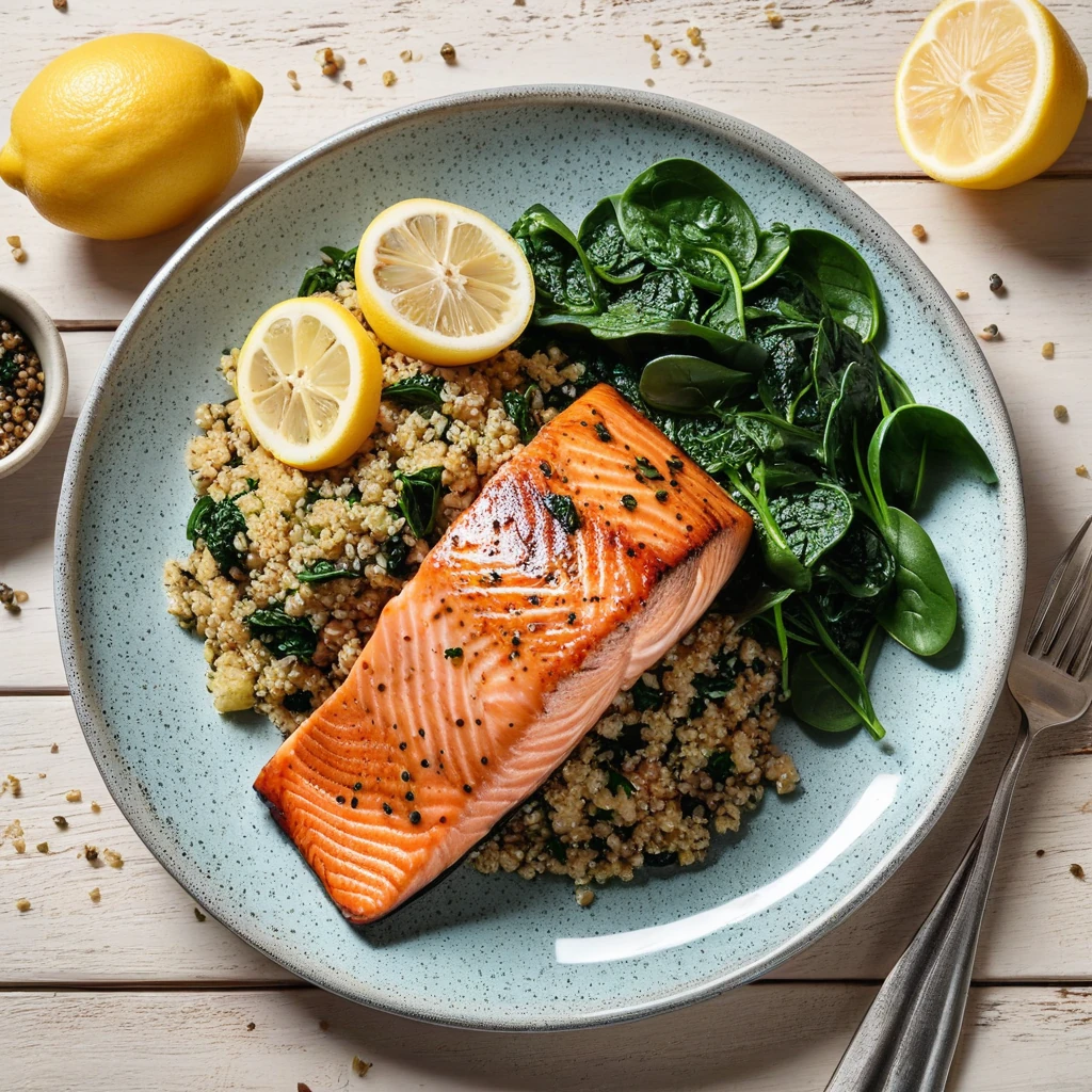 Lemon Herb Grilled Salmon with Quinoa and Spinach