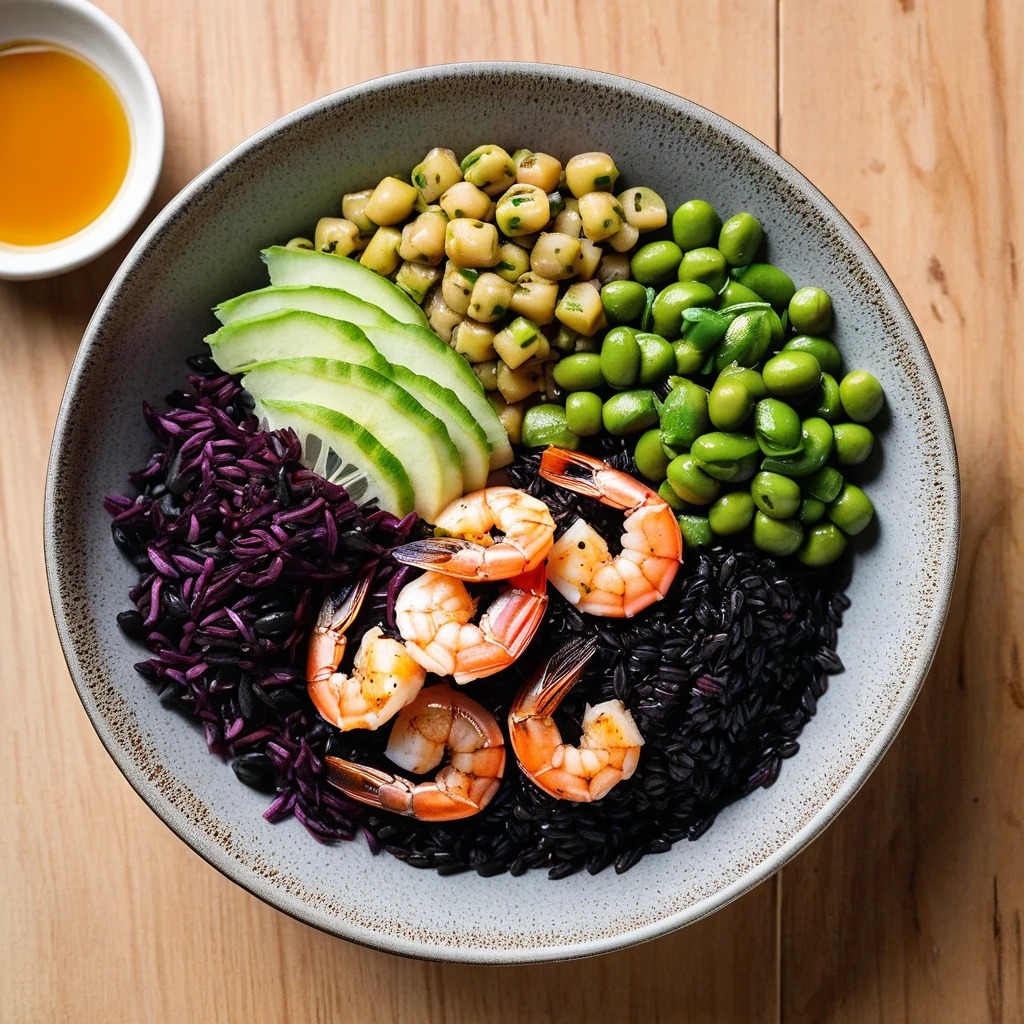 grilled shrimp and black rice bowl with edamame