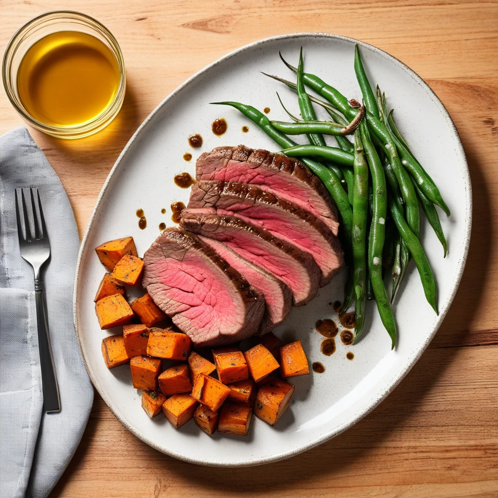 Lean Beef Sirloin with Roasted Sweet Potato and Green Beans