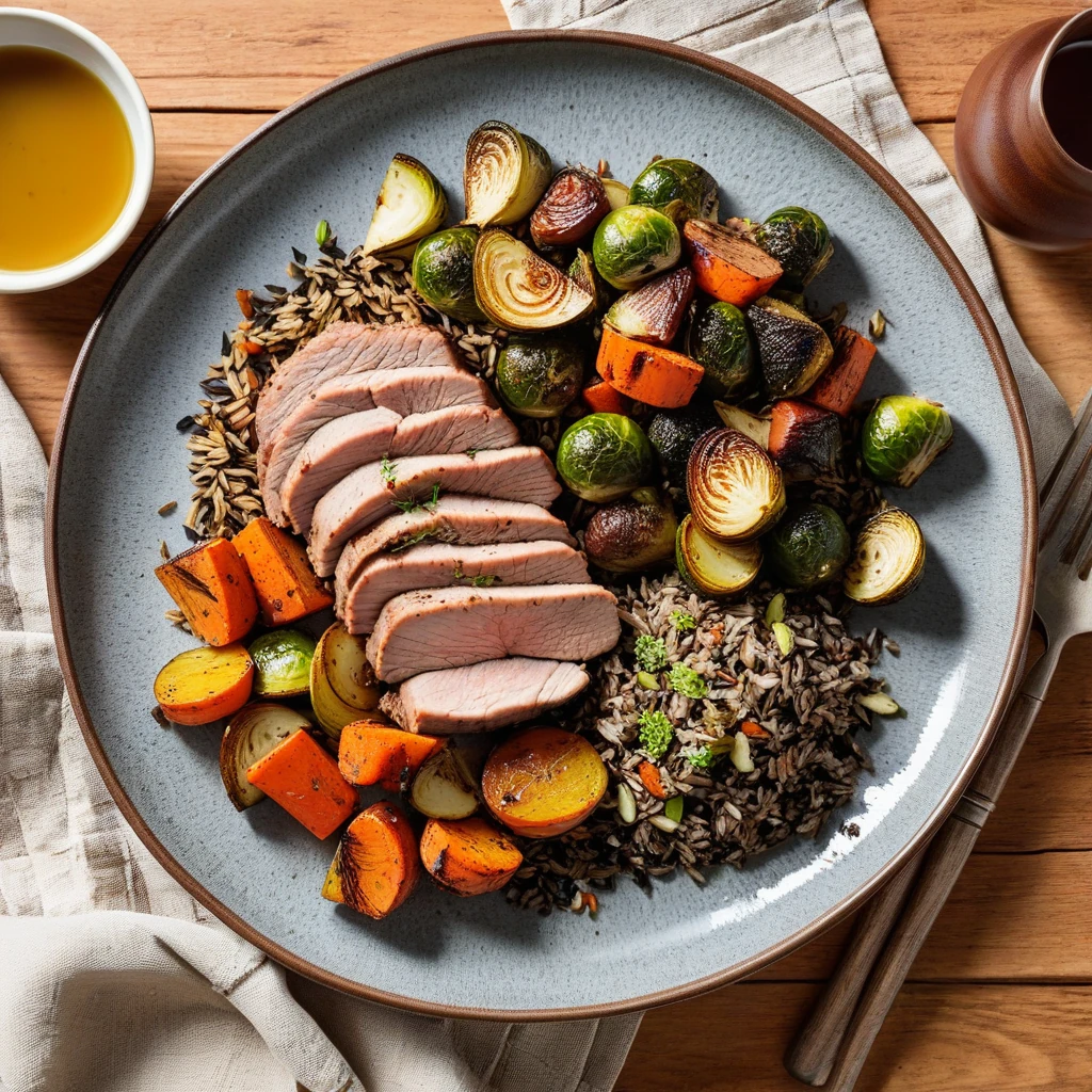 Herb-Marinated Pork Tenderloin with Wild Rice and Roasted Vegetables