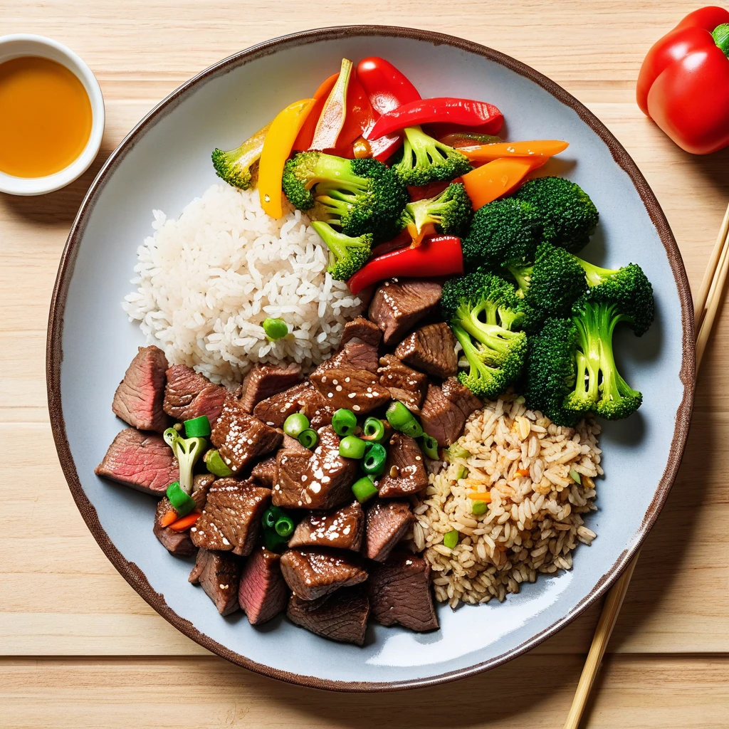 Beef stir-fry with brown rice and vegetables