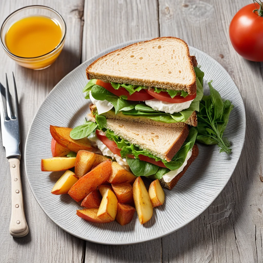Hähnchenbrust-Sandwich mit Gemüse und Süßkartoffel-Pommes
