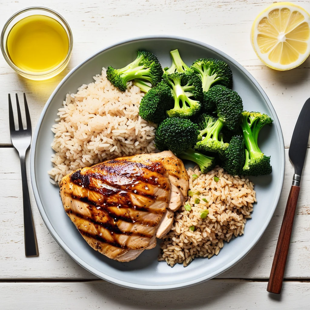 Grilled Chicken Breast with Steamed Broccoli and Brown Rice