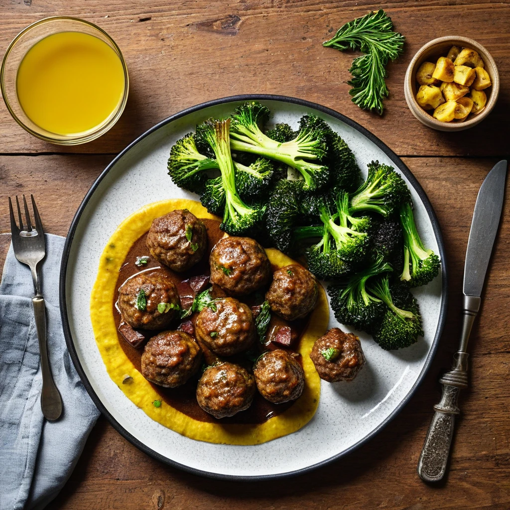 Herb-Seasoned Lamb Meatballs with Plantain and Roasted Broccoli