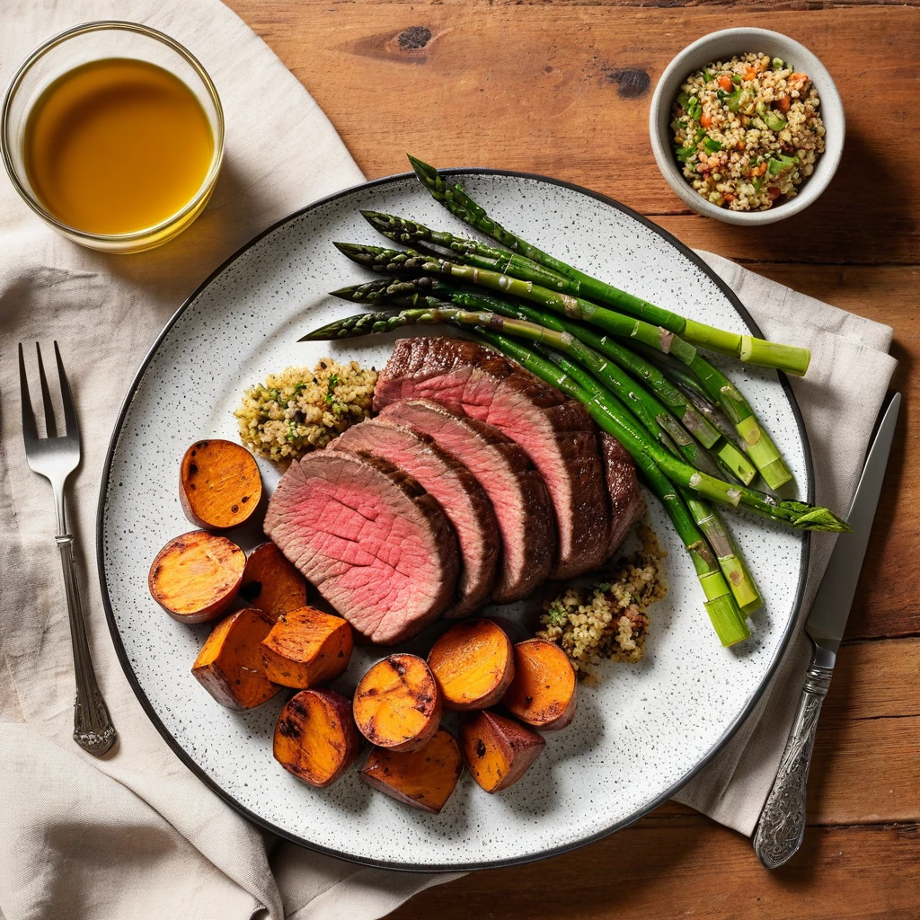 grass-fed beef sirloin with roasted sweet potatoes and asparagus