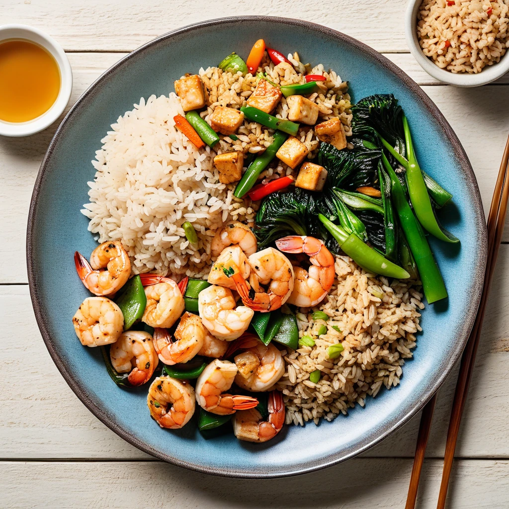 Pan-Seared Tofu and Shrimp with Vegetable Stir-Fry and Brown Rice