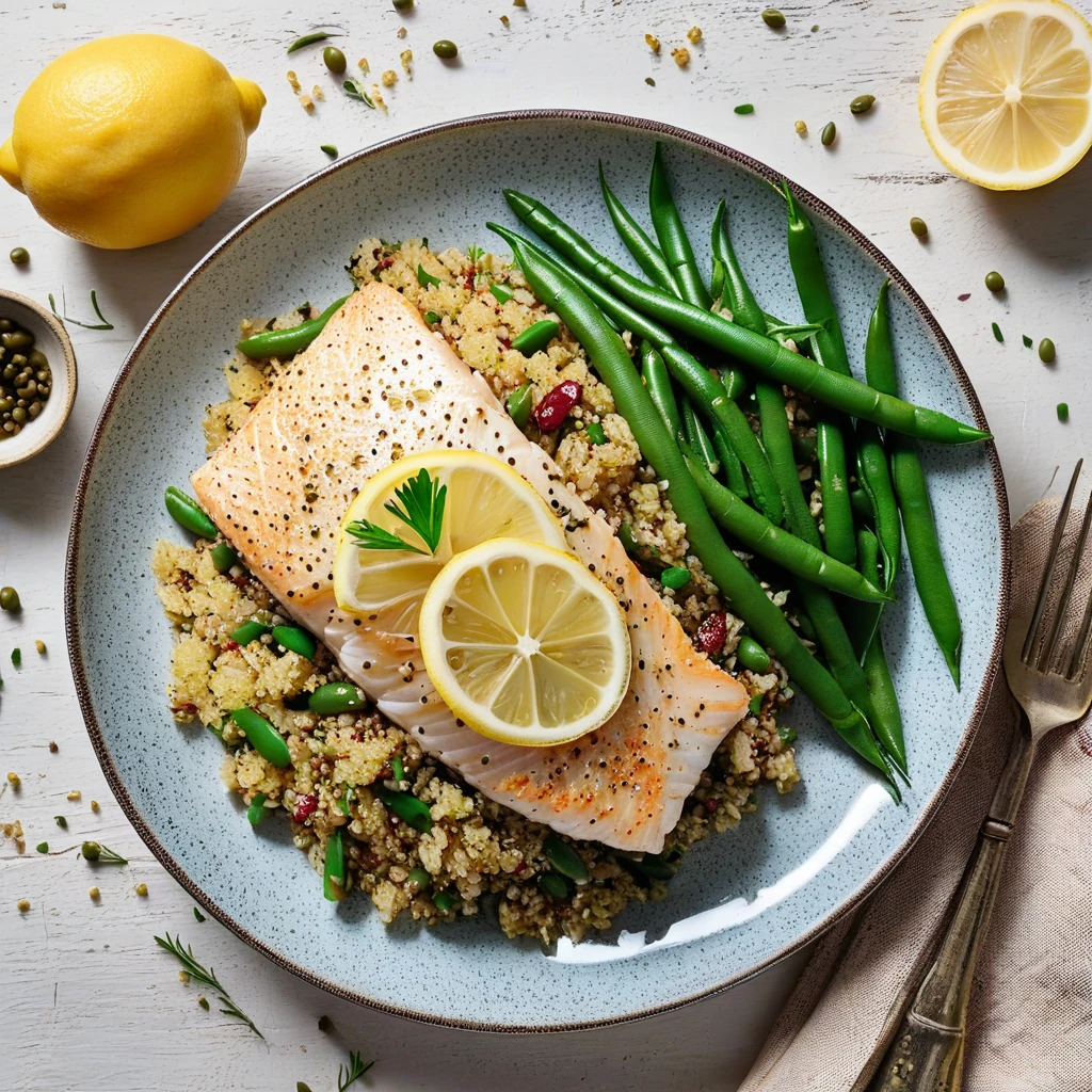 Lemon Herb Cod with Quinoa Pilaf and Green Beans