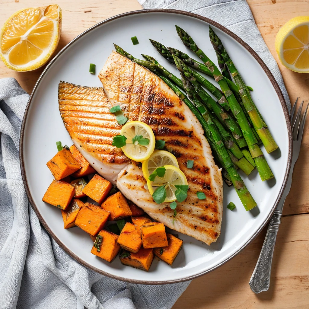 Grilled Tilapia with Sweet Potato and Asparagus