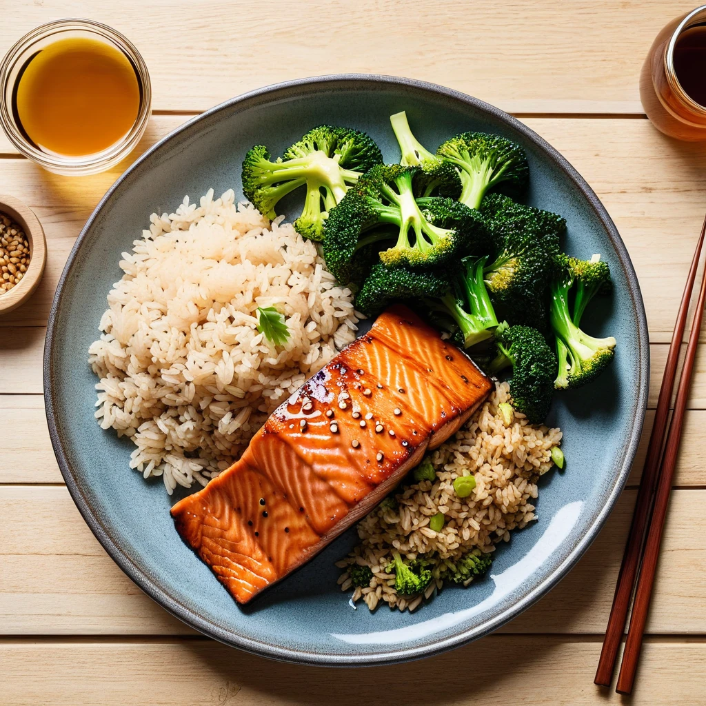 Teriyaki Salmon with Brown Rice and Stir-Fried Broccoli