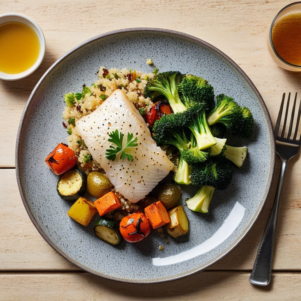 Baked Cod with Roasted Vegetables and Quinoa