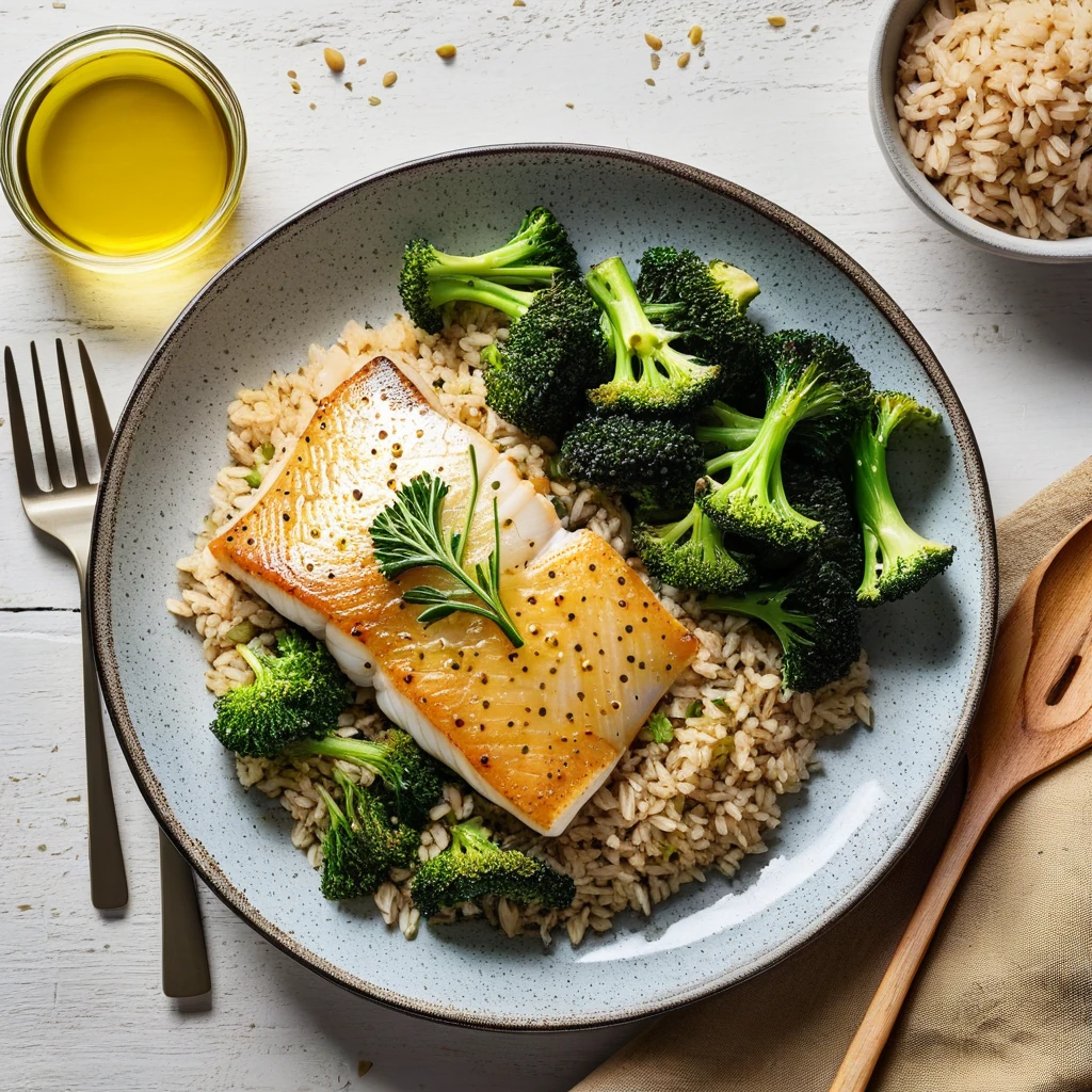 Baked Cod with Roasted Broccoli and Brown Rice
