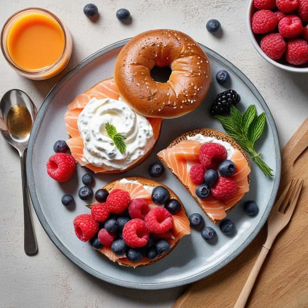 Smoked Salmon and Cream Cheese Bagel with Berries