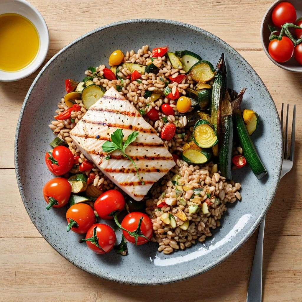 Grilled Halibut and Farro Bowl with Roasted Vegetables