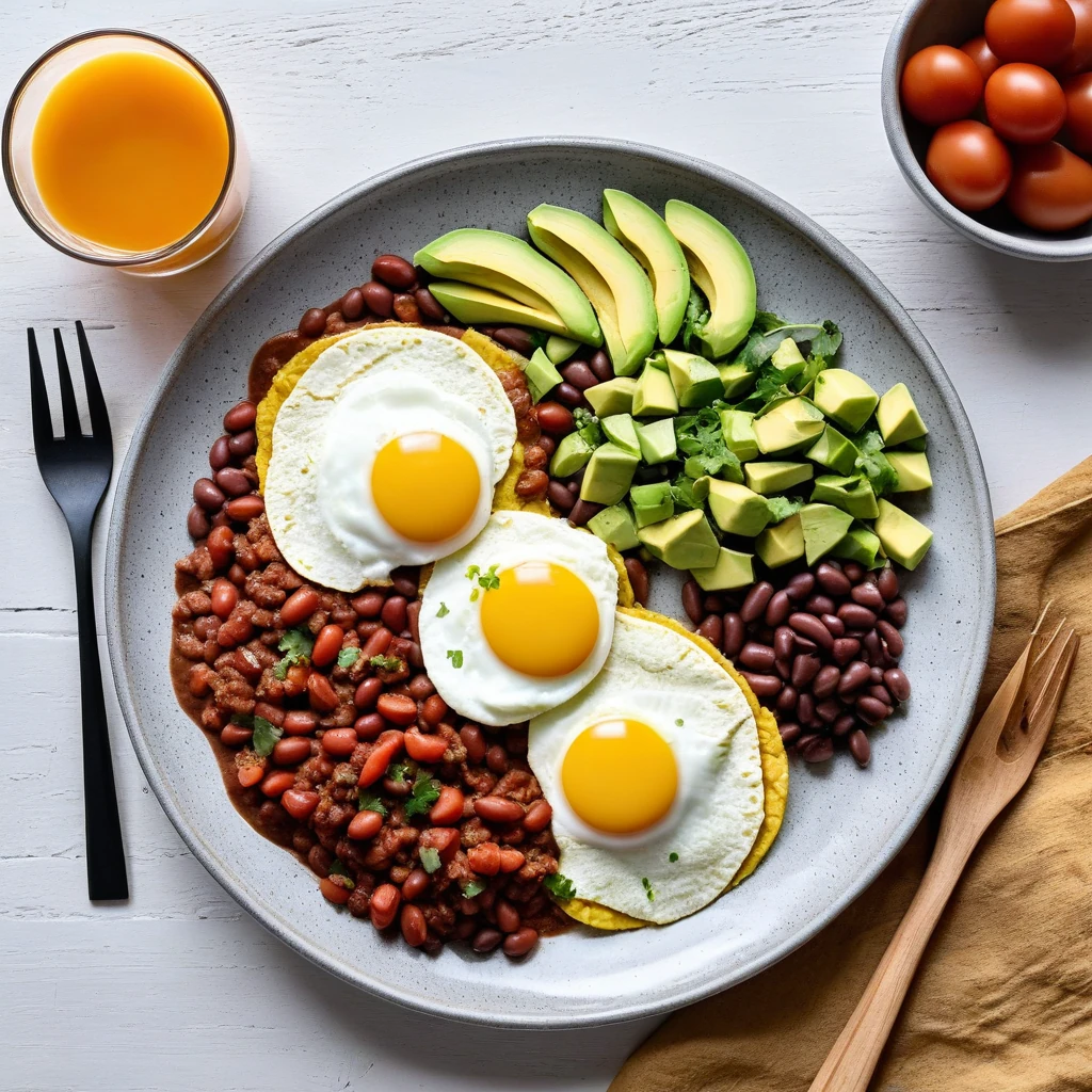 Huevos Rancheros con Frijoles y Aguacate