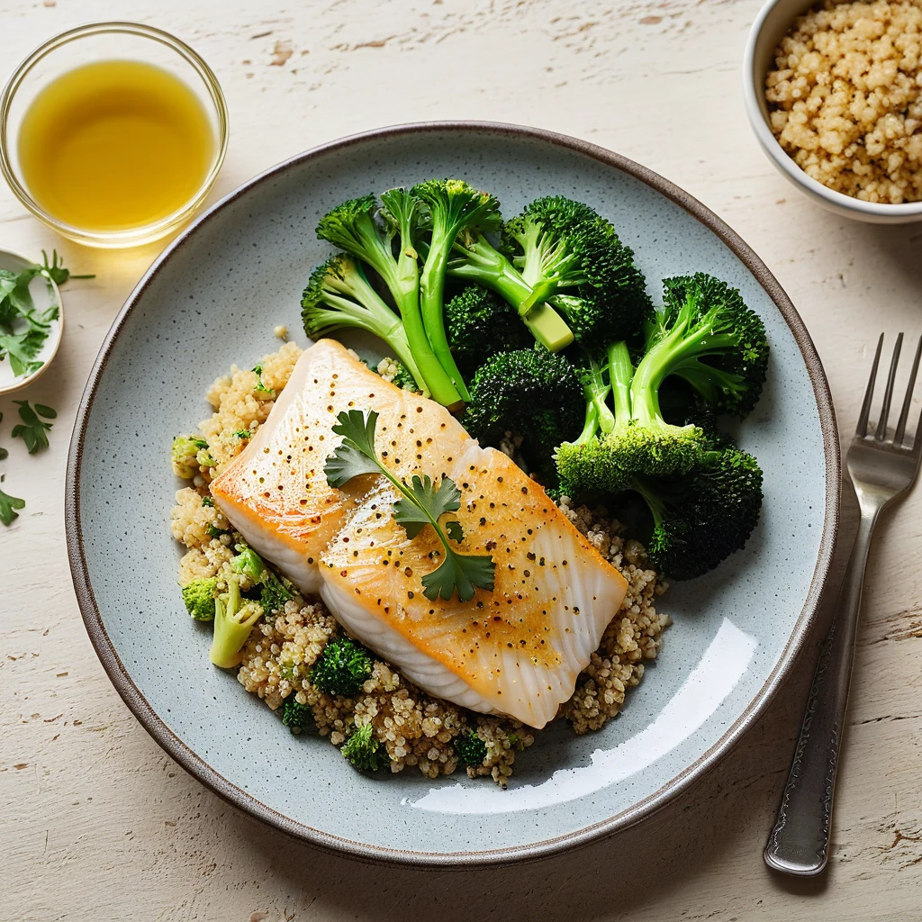 Herb-Baked Cod with Quinoa and Steamed Broccoli