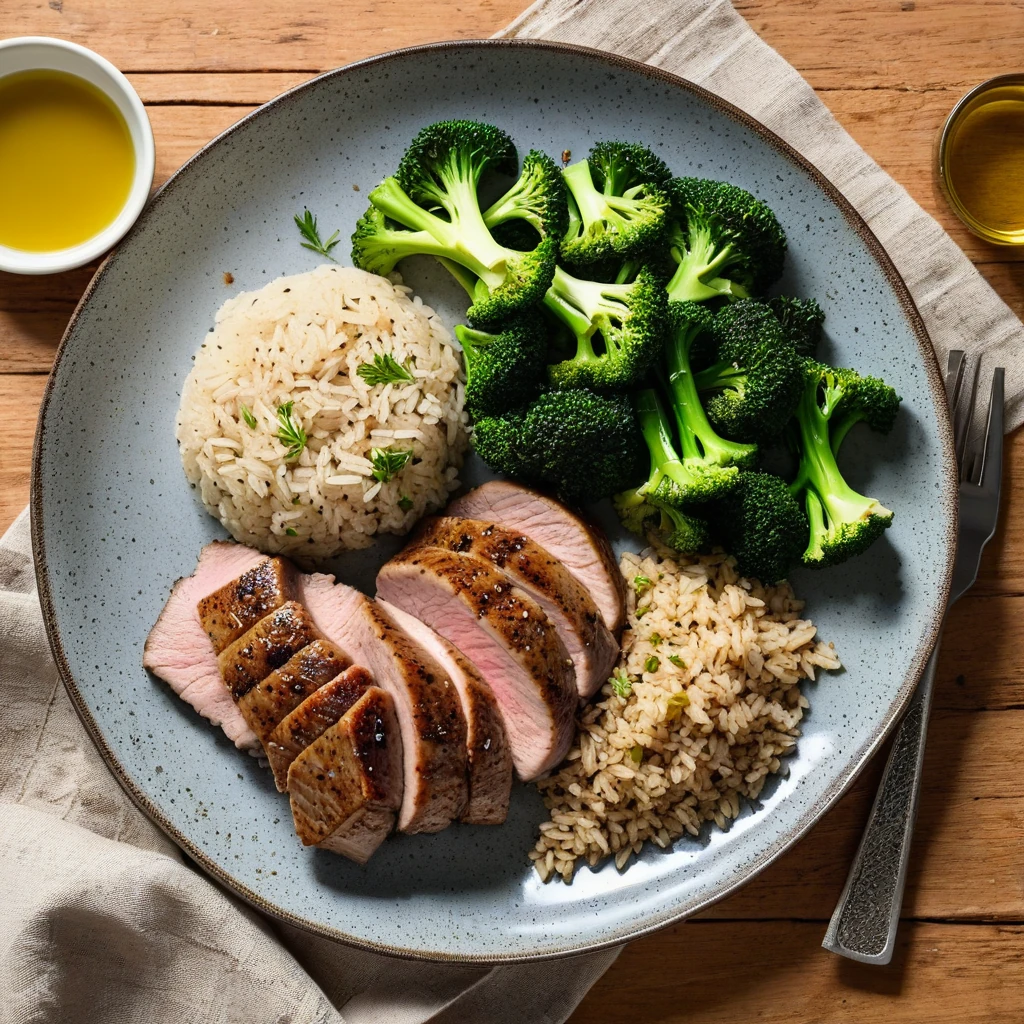 Herb-Crusted Pork Tenderloin with Brown Rice and Steamed Broccoli